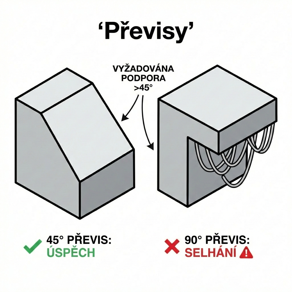Ilustrace převisu s podpěrami a bez podpěr